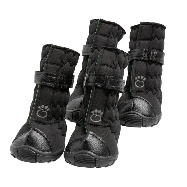 Set of black dog boots with paw design on a white background