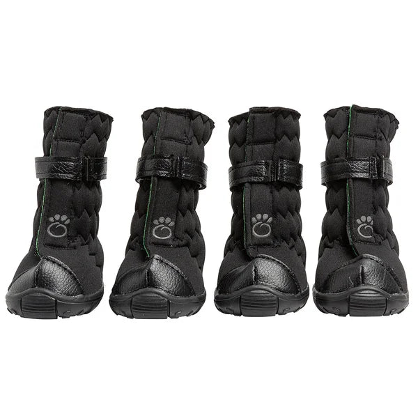 Four black dog boots with straps on a white background