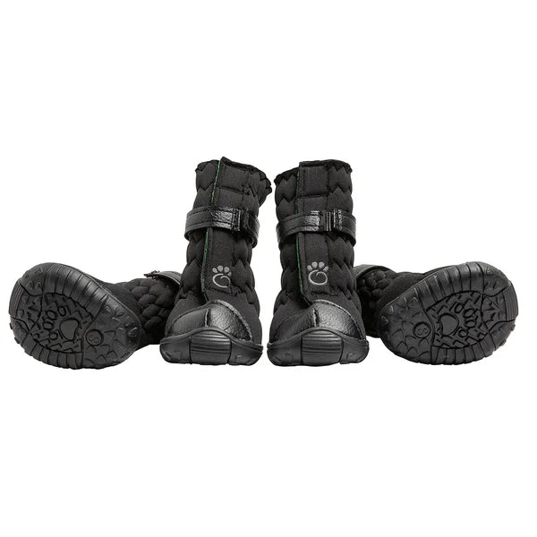 Four black pet boots with straps on a white background