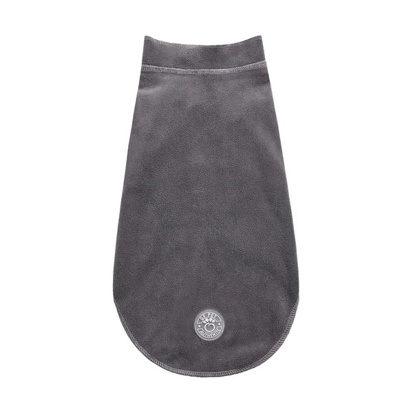 Gray dog coat with a brand logo on a white background
