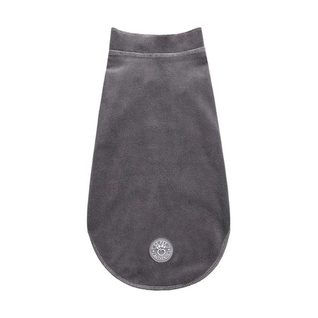 Gray dog coat with a brand logo on a white background