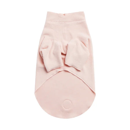 Pink dog sweater with a bow on a white background