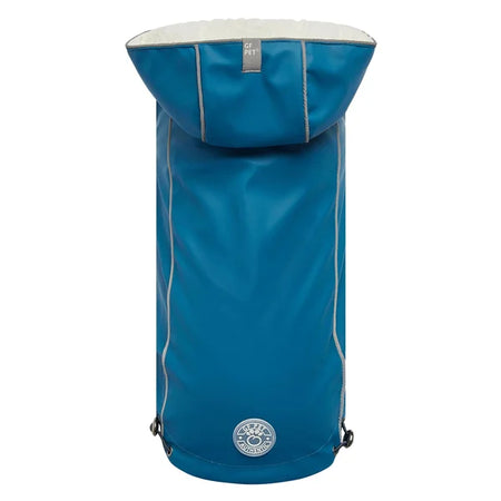 Blue drawstring bag with a white top on a white background