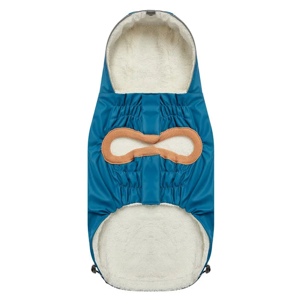 Blue and white baby carrier with a brown bow on a white background