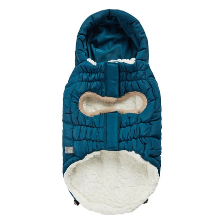 Blue and white pet stroller cover with a bow detail on a white background