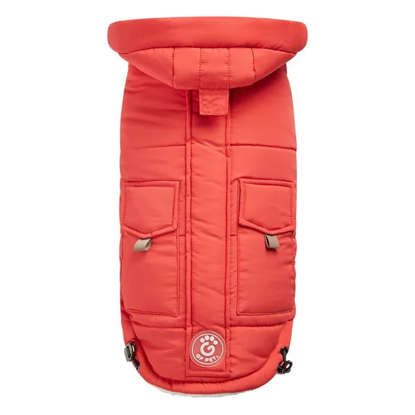 Red quilted dog coat with a brand logo on a white background