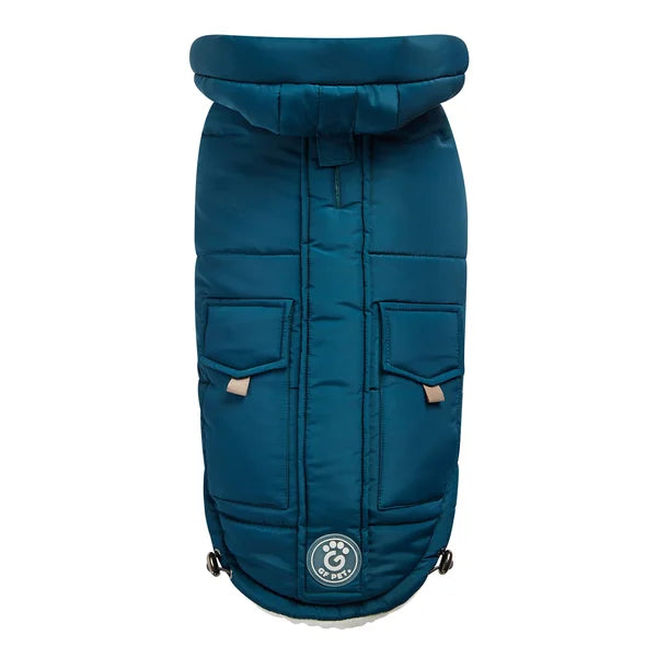 Blue dog coat with a brand logo on a white background