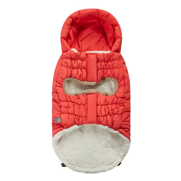 Red quilted dog coat with a gray interior on a white background