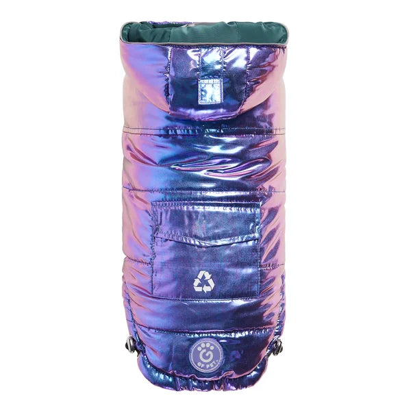 Iridescent sleeping bag with recycling symbol on a white background