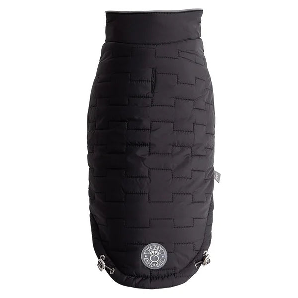 Black quilted dog coat with a brand logo on a white background