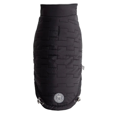 Black quilted dog coat with a brand logo on a white background