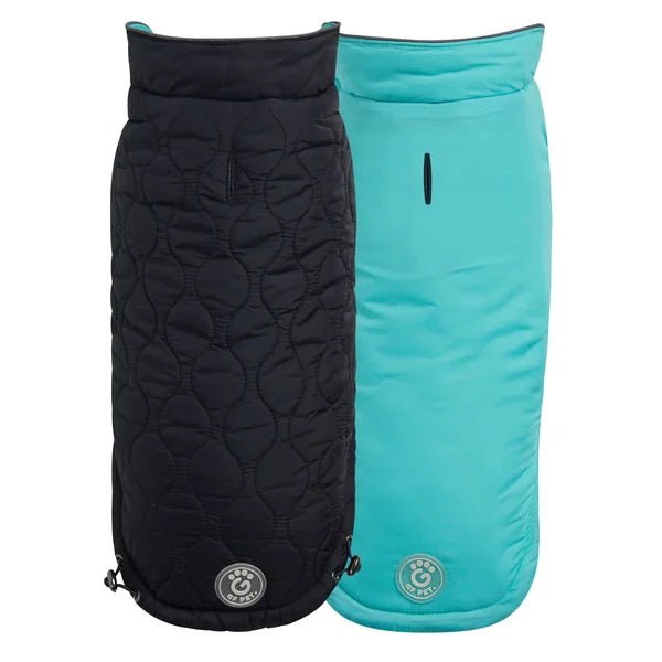 Two sleeping bags, one black and one turquoise, on a white background.
