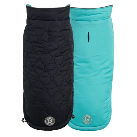 Two sleeping bags, one black and one turquoise, on a white background.