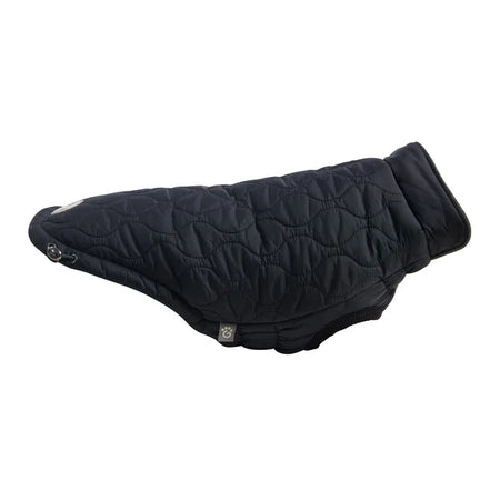 Black quilted dog coat on a white background