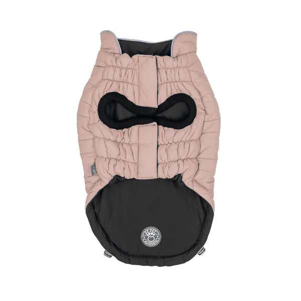 Dog coat with pink and black design on a white background