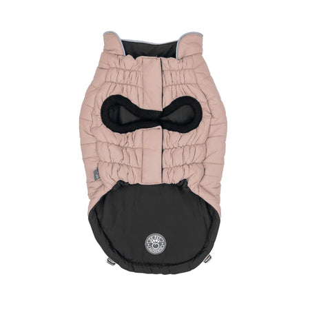 Dog coat with pink and black design on a white background