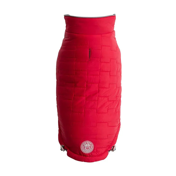 Red quilted skirt with a brand logo on a white background