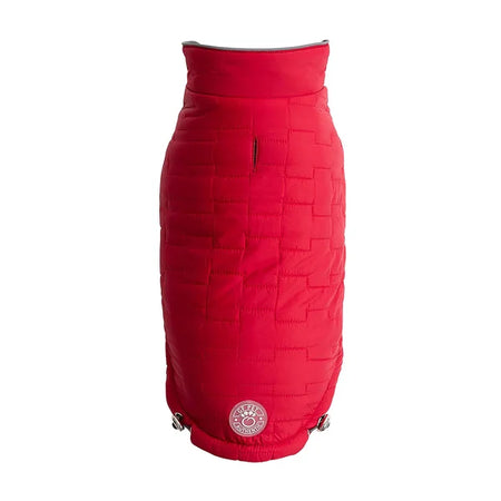Red quilted skirt with a brand logo on a white background