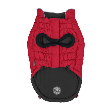 Red and black dog coat with a brand logo on a white background