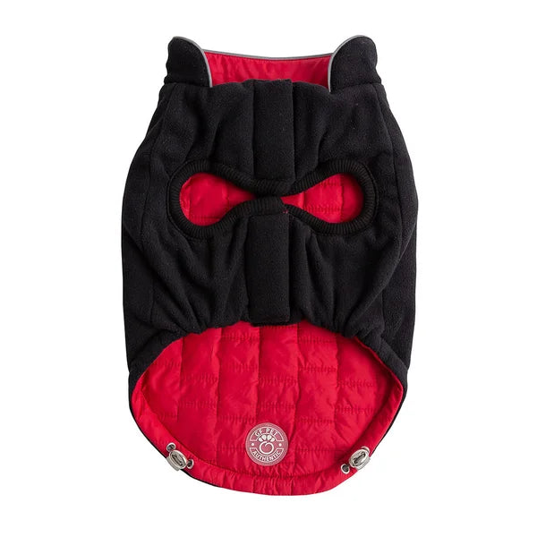 Black and red pet coat with a hood on a white background