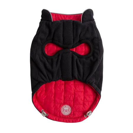 Black and red pet coat with a hood on a white background