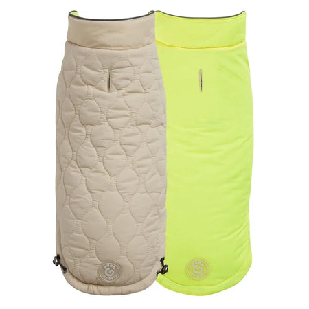 Two sleeping bags, one beige and one bright green, on a white background.