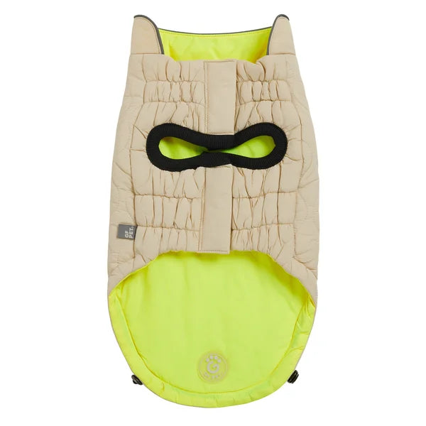 Dog coat with mask design in beige and bright yellow on a white background