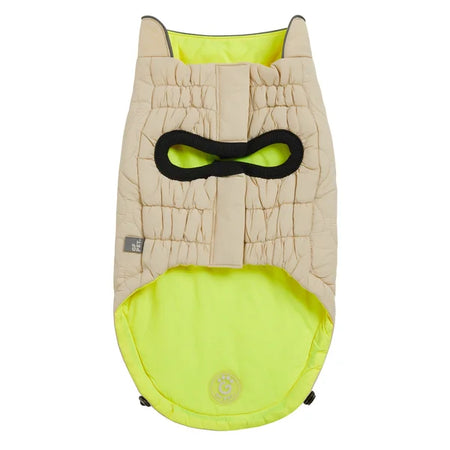 Dog coat with mask design in beige and bright yellow on a white background