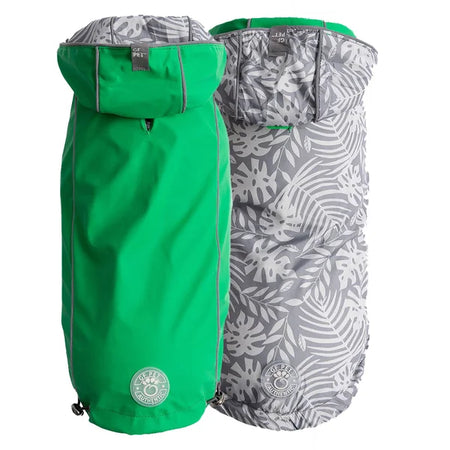 Green and gray dog coat with leaf pattern on a white background