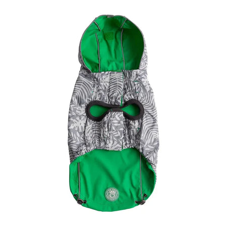Green and gray dog jacket with patterned hood on a white background