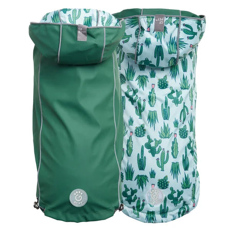 Green raincoat with cactus pattern on a white background