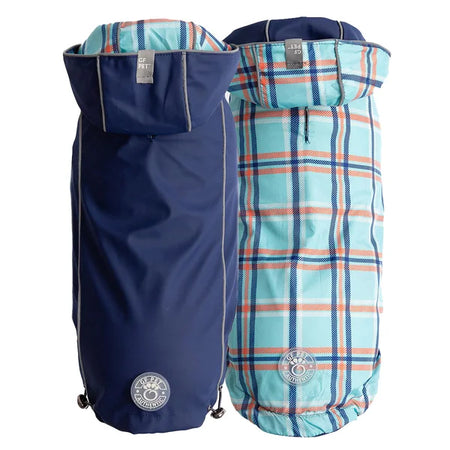Two bags, one navy and one plaid, on a white background