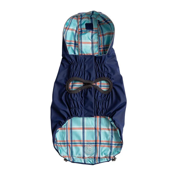 Navy and plaid dog raincoat on a white background