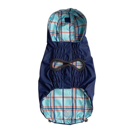 Navy and plaid dog raincoat on a white background