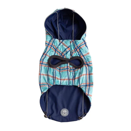 Pet dog coat with plaid pattern and navy hood on a white background