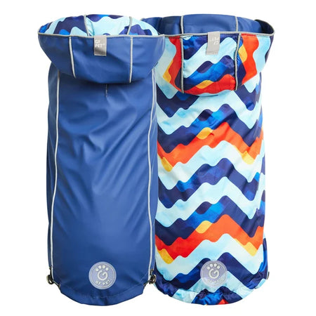 Blue bag with a colorful zigzag pattern on a white background