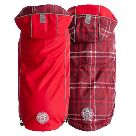 Two red bags, one plain and one plaid, on a white background