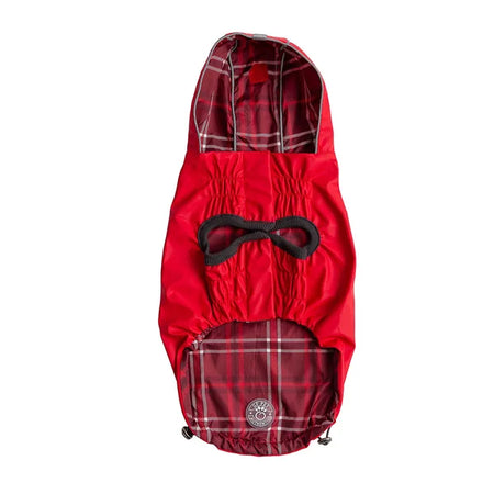 Red pet raincoat with plaid pattern on a white background