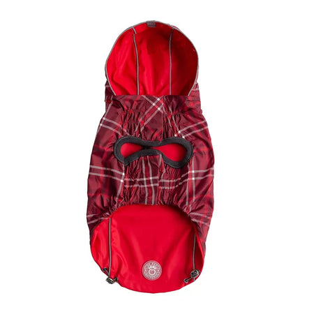 Red plaid pet carrier with a hood on a white background