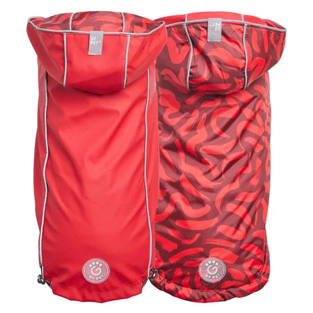 Red raincoat with a unique pattern on a white background