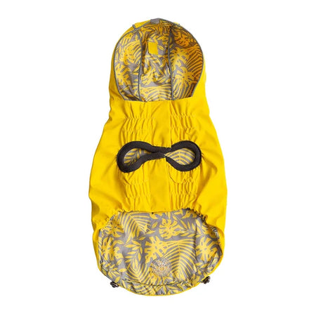 Yellow raincoat with gray leaf pattern on a white background