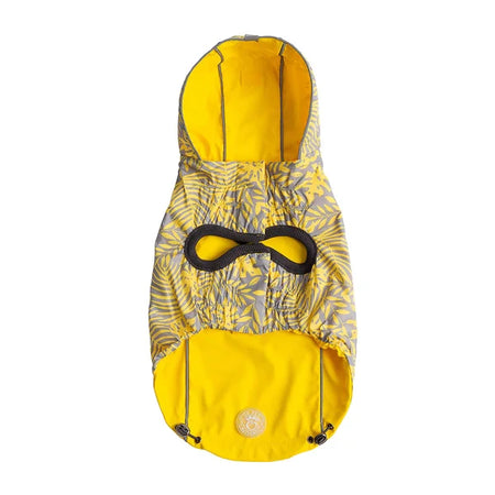 Yellow and gray patterned dog raincoat on a white background