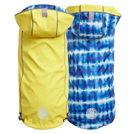 Yellow and blue tie-dye dog coat with a brand logo on a white background