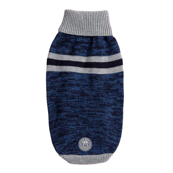 Blue knitted dog sweater with gray trim and a brand logo on a white background