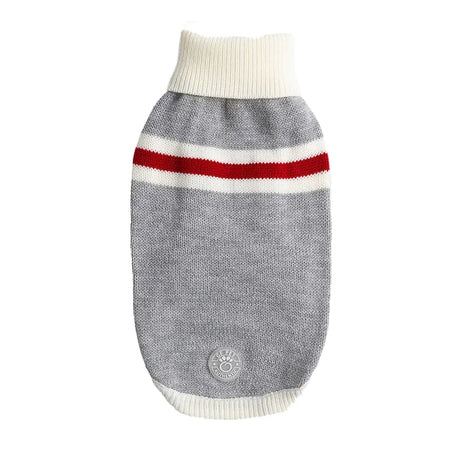 Gray dog sweater with red and white stripes on a white background