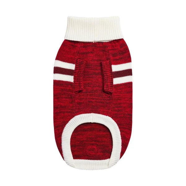 Red knitted dog sweater with white trim on a white background