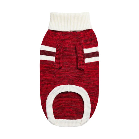 Red knitted dog sweater with white trim on a white background
