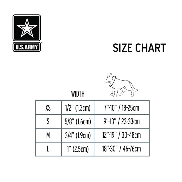 U.S. Army size chart for dog collars with measurements in inches and centimeters.