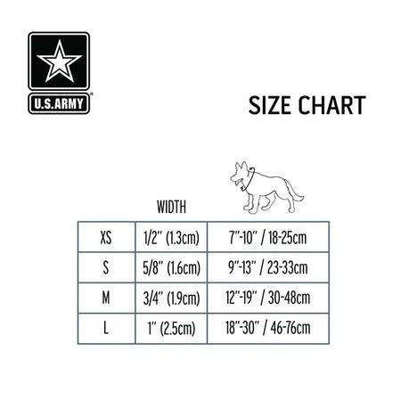 U.S. Army size chart for dog collars with measurements in inches and centimeters.