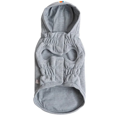 Gray dog hoodie with a hood on a white background